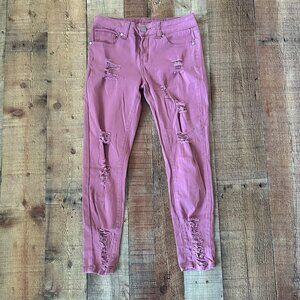 Distressed Pink Skinny Jeans With Ripped Detailing & Pockets